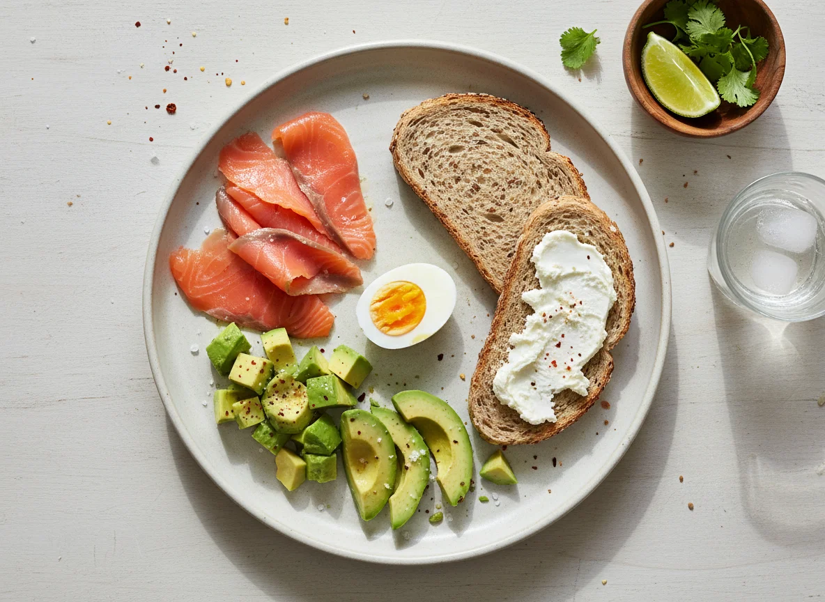 Plato variado con salmón, aguacate, huevo y pan photo