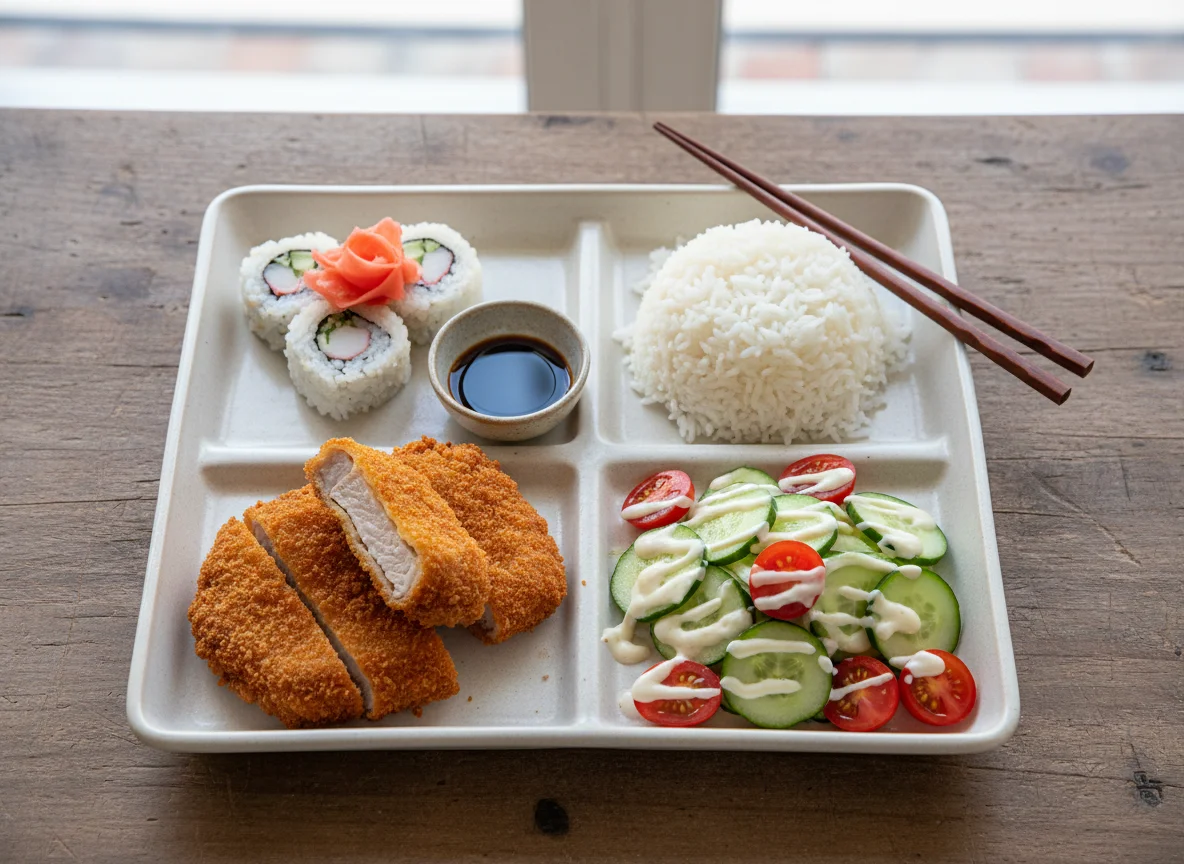 Plato variado con sushi, arroz, carne y ensalada photo