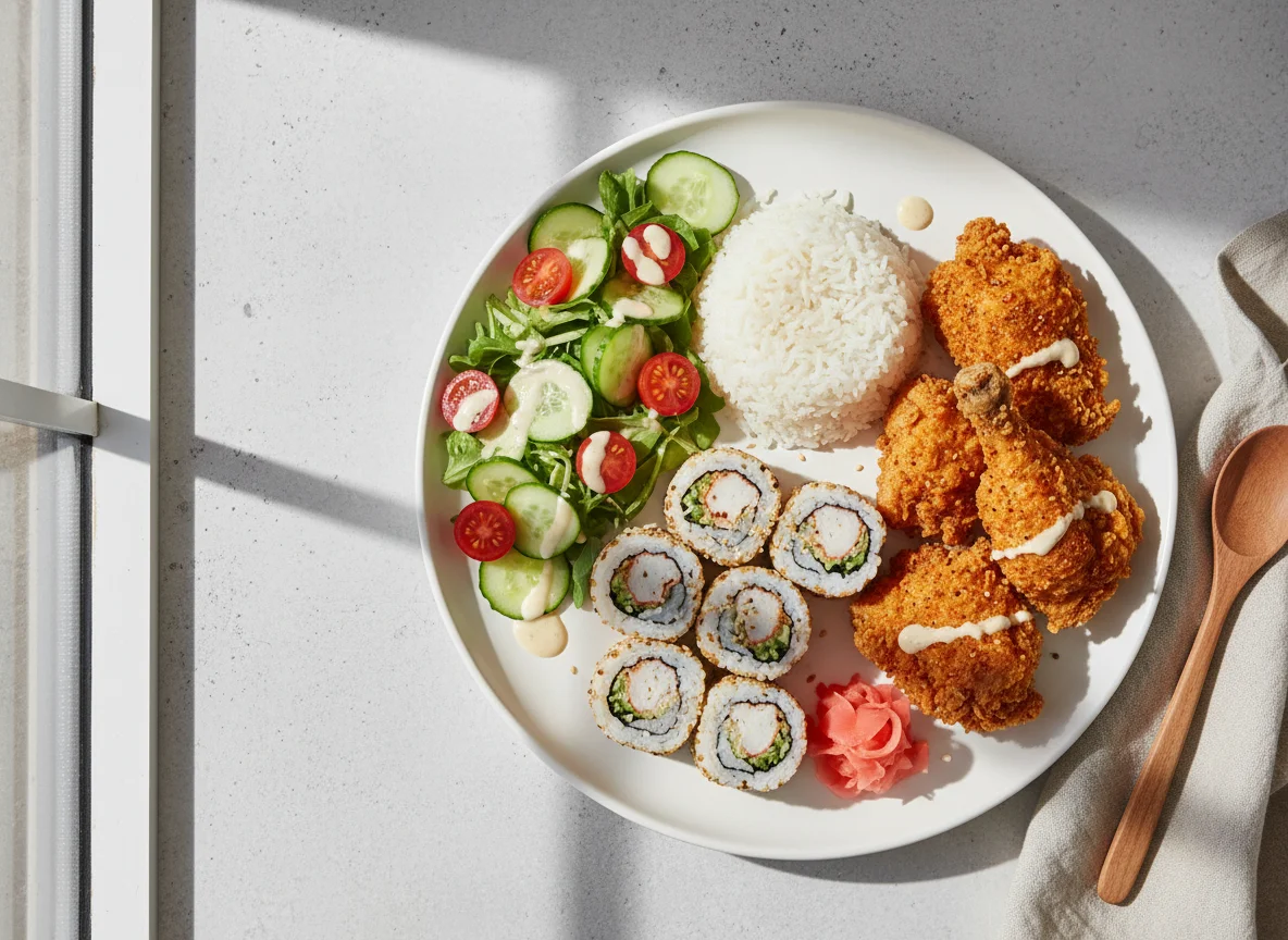 Plato variado con sushi, arroz, pollo frito y ensalada photo