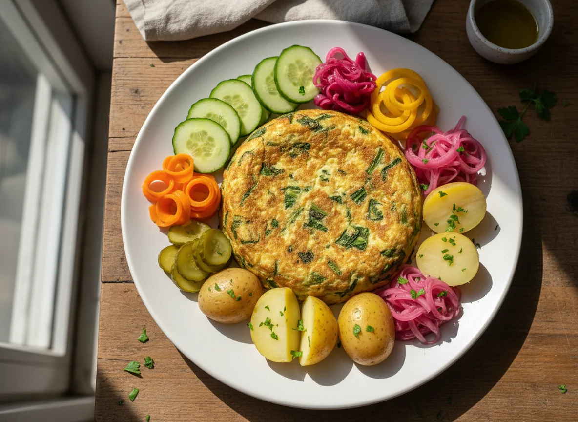 Plato variado con tortilla de acelga y papas cocidas photo