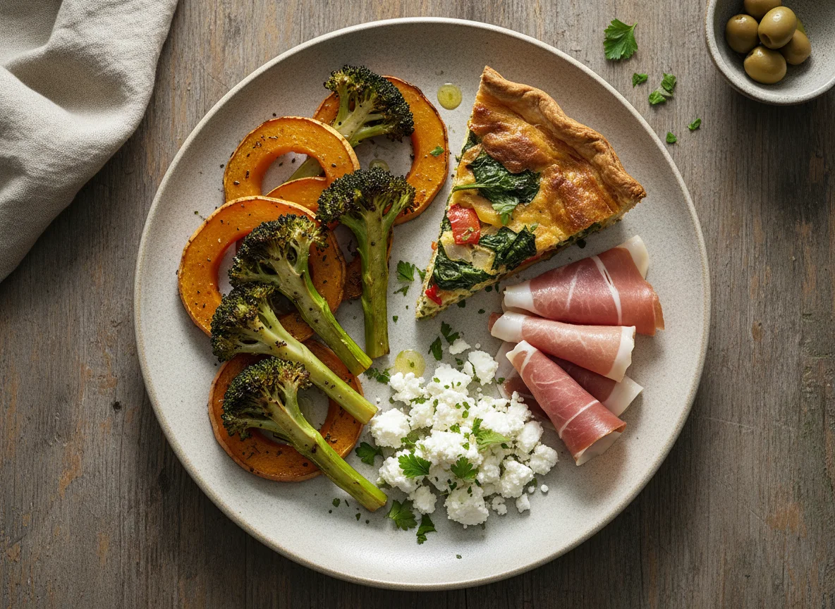 Plato variado con vegetales y tarta photo