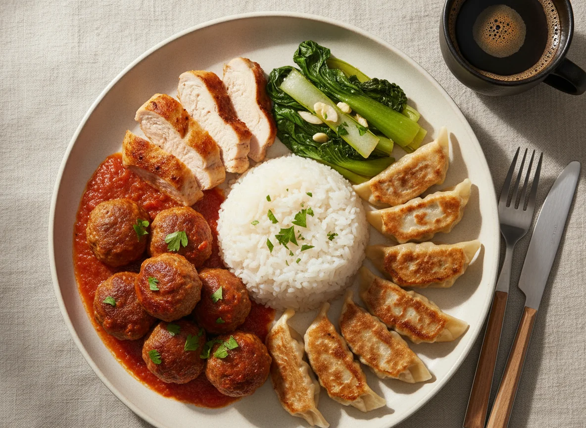 Plato variado de albóndigas, gyoza y arroz photo