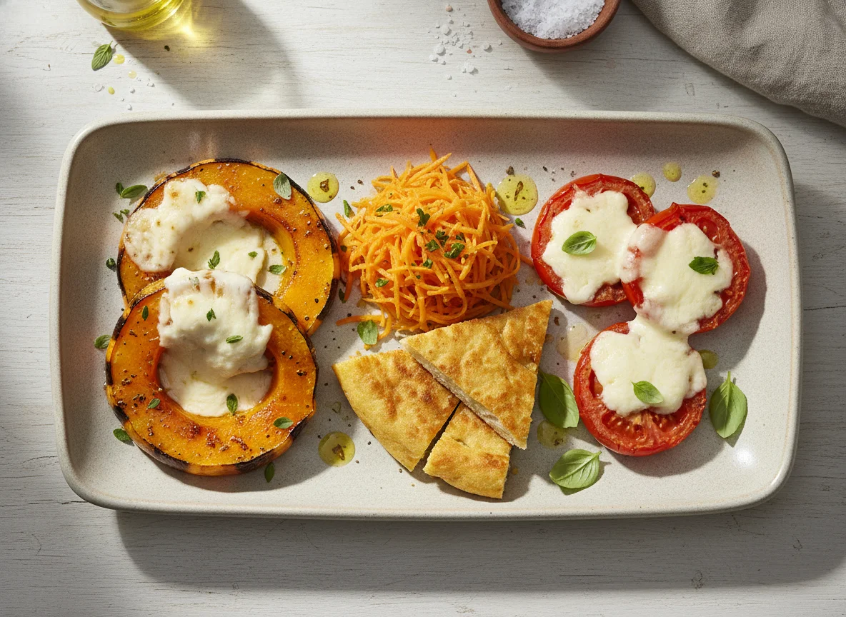 Plato variado de calabaza, tomate y zanahoria photo