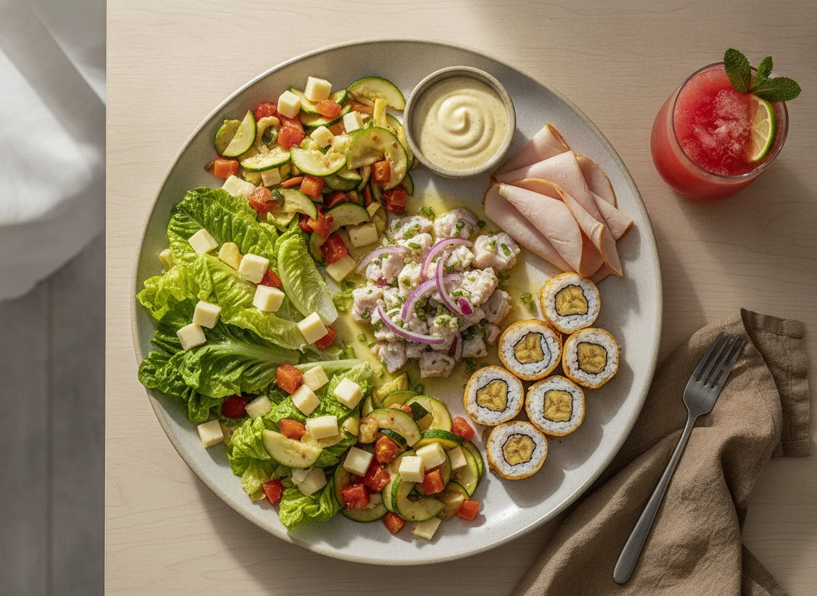 Plato variado de ensalada, sushi y embutidos photo