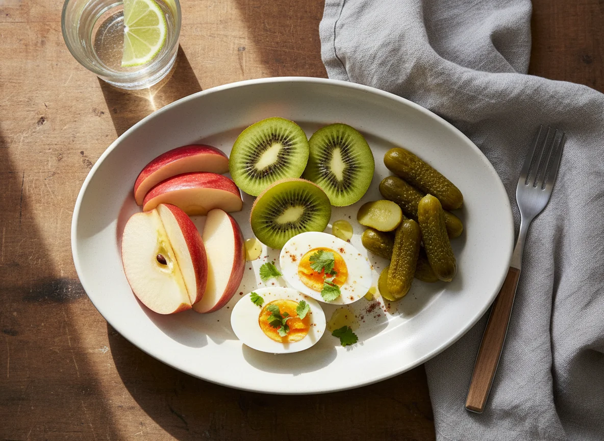 Plato variado de frutas, huevo y pepinillos photo