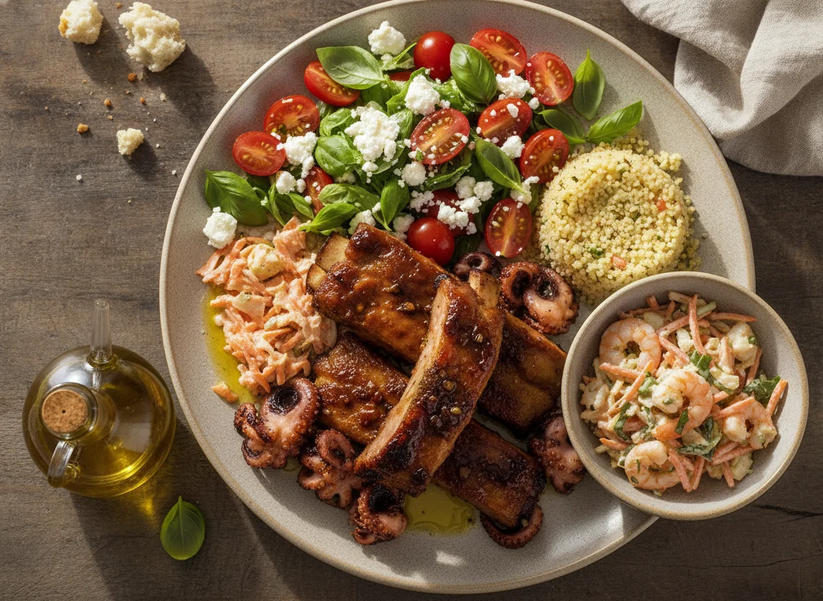 Plato variado de mariscos, costilla y ensalada photo
