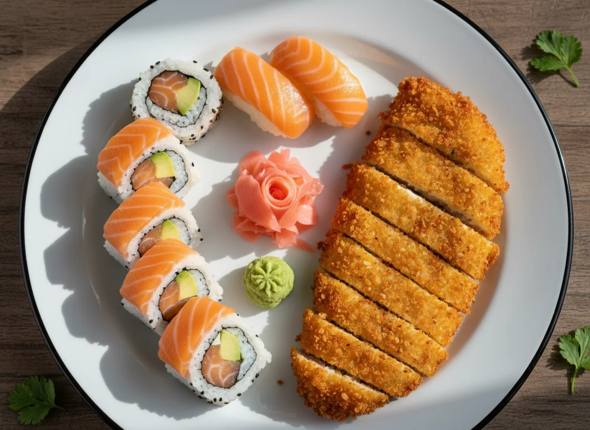 Plato variado de sushi y milanesa de pescado photo