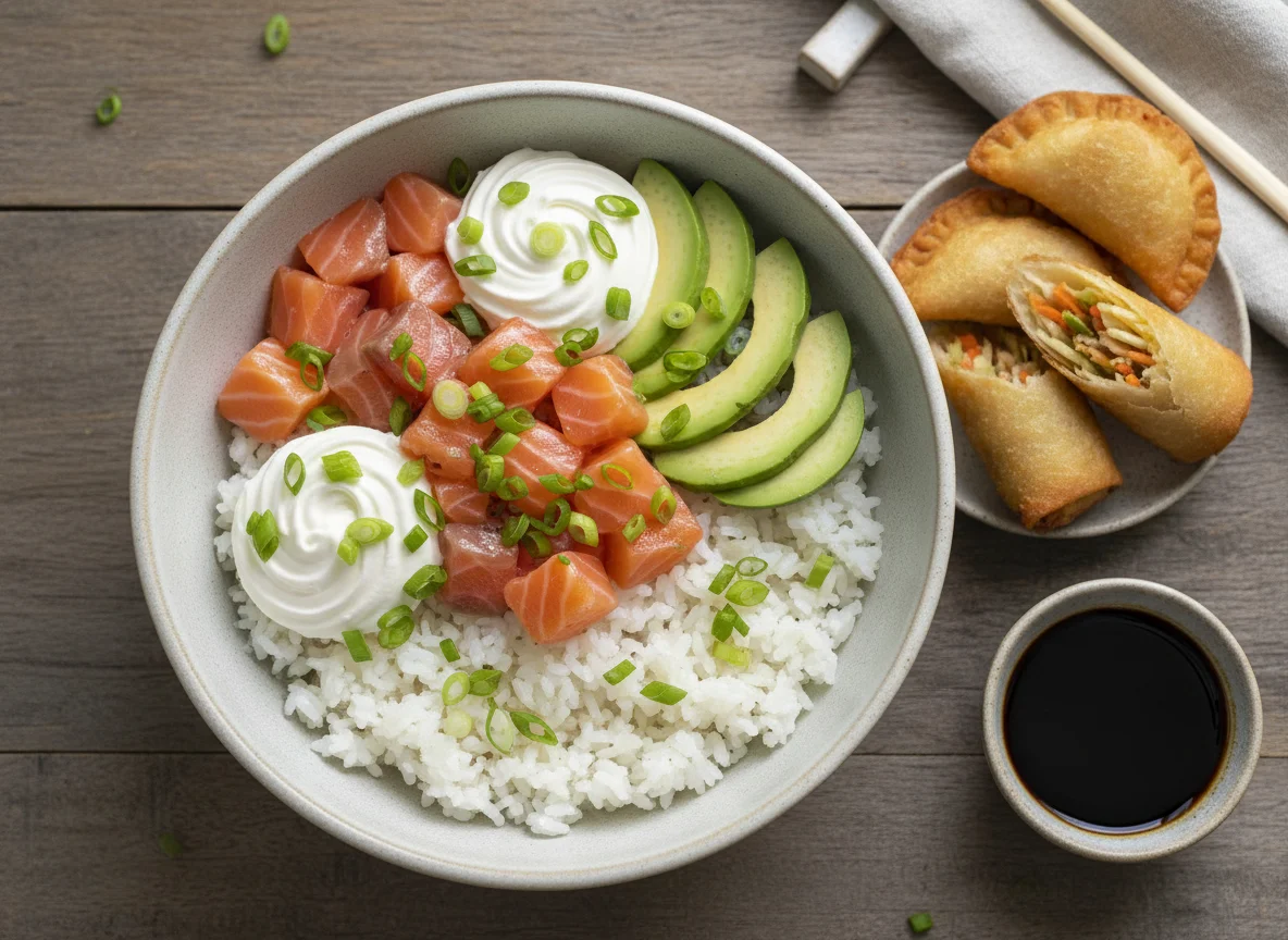 Poke Bowl con Empanaditas y Rollito Primavera photo