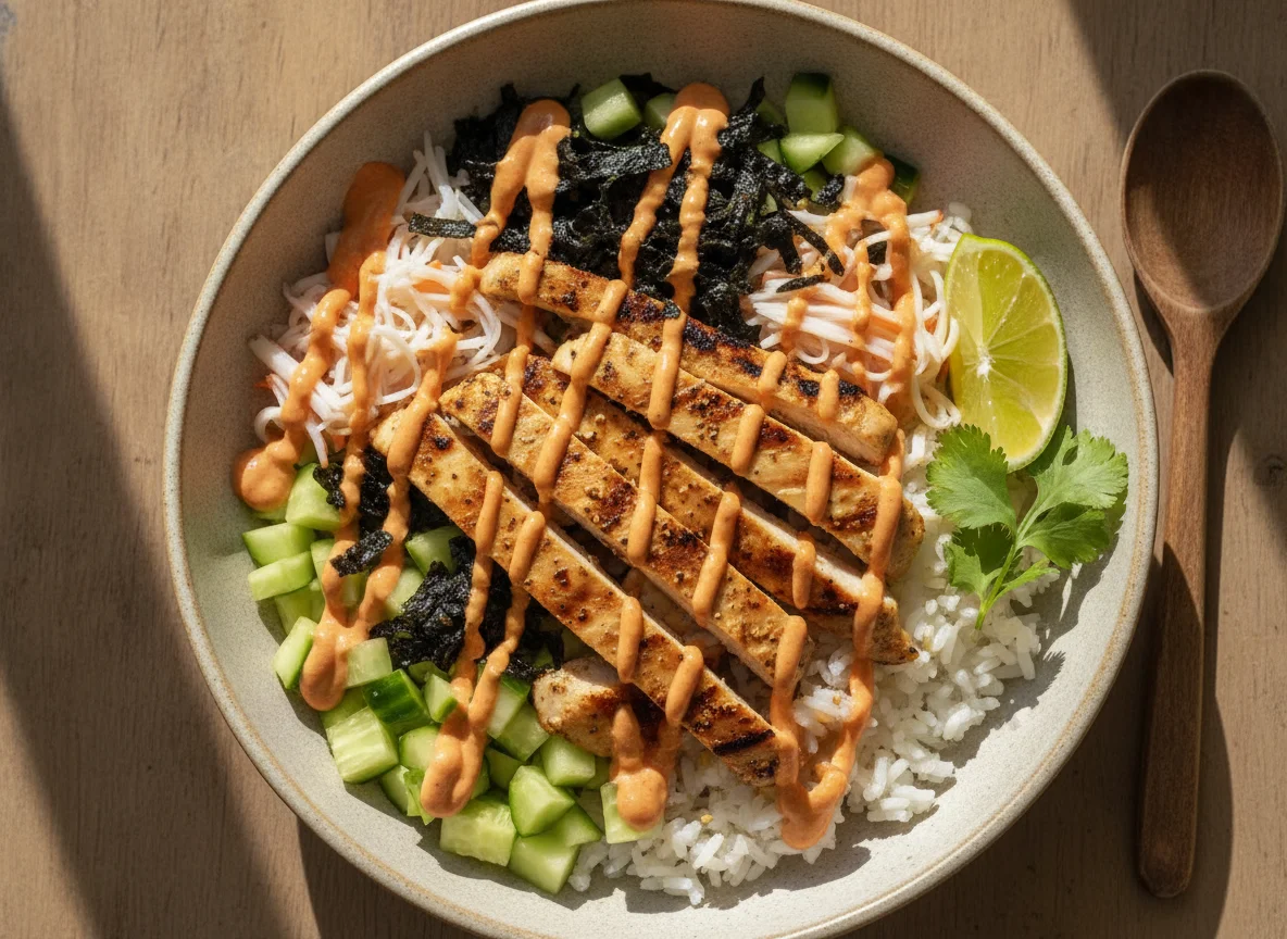 Poke bowl con pollo y aderezo chipotle photo