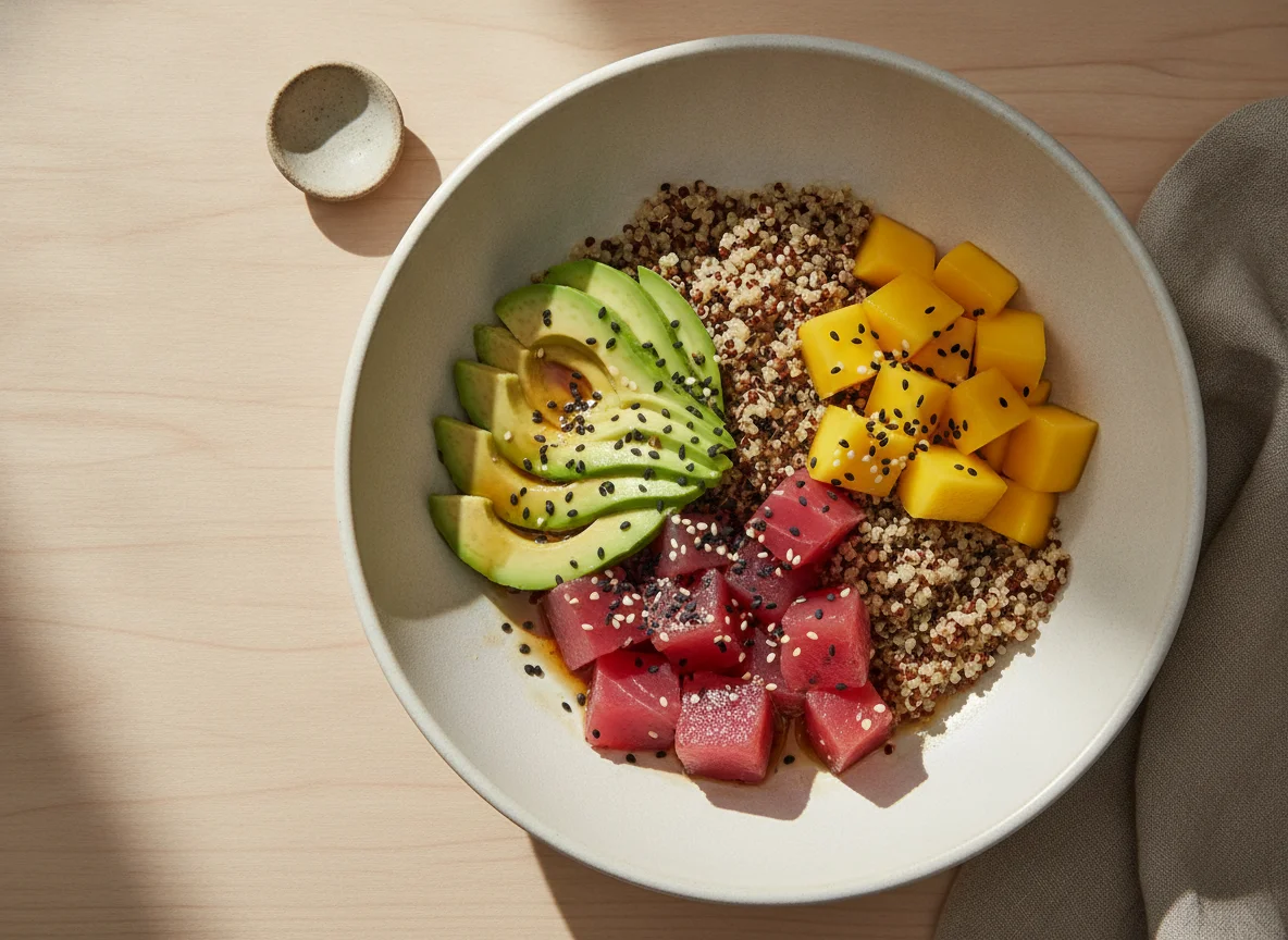 Poke bowl de atún con mango y aguacate photo