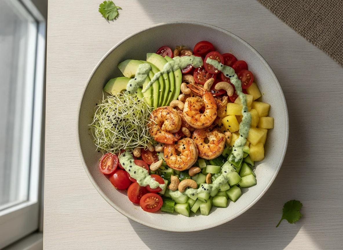 Poke bowl de camarones y aguacate photo