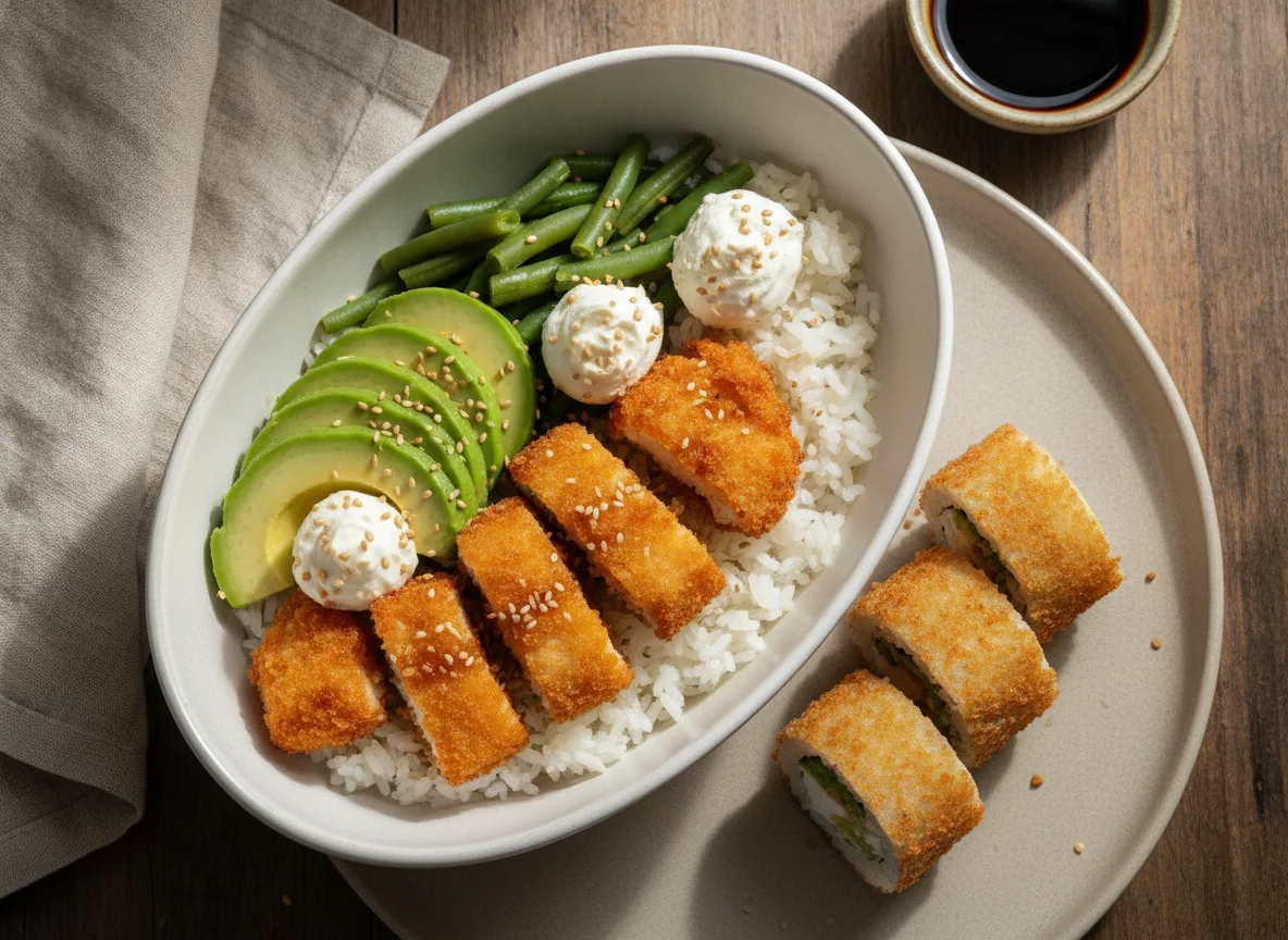 Poke bowl de pollo y porotos verdes con roll de sushi photo