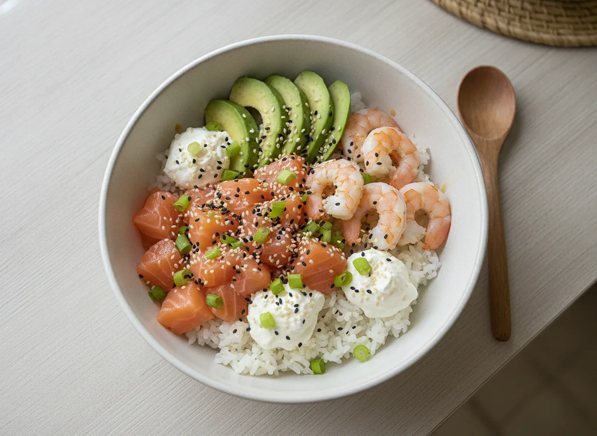 Poke Bowl de Salmón, Camarón y Queso Crema photo