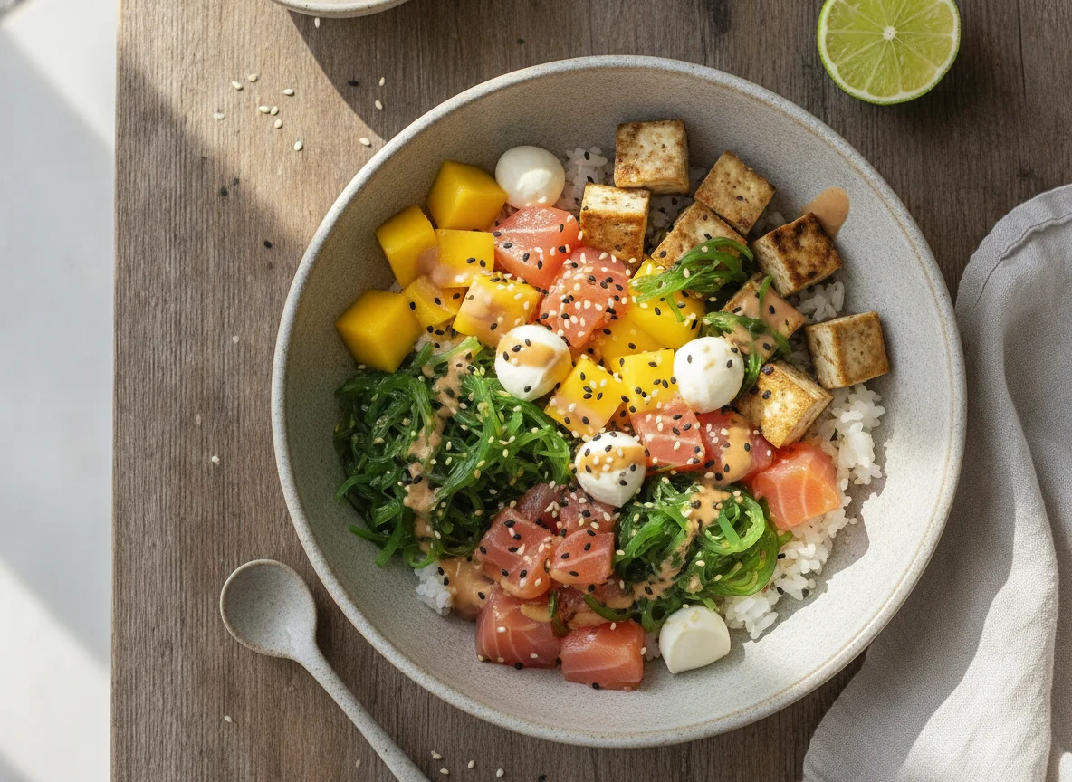 Poke bowl de salmón, mango y algas photo