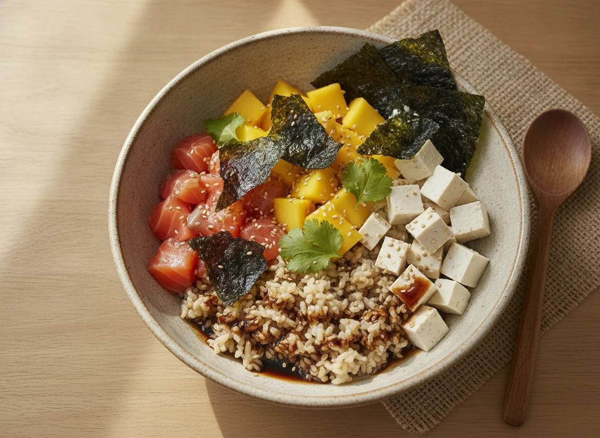 Poke bowl de salmón, mango y tofu photo