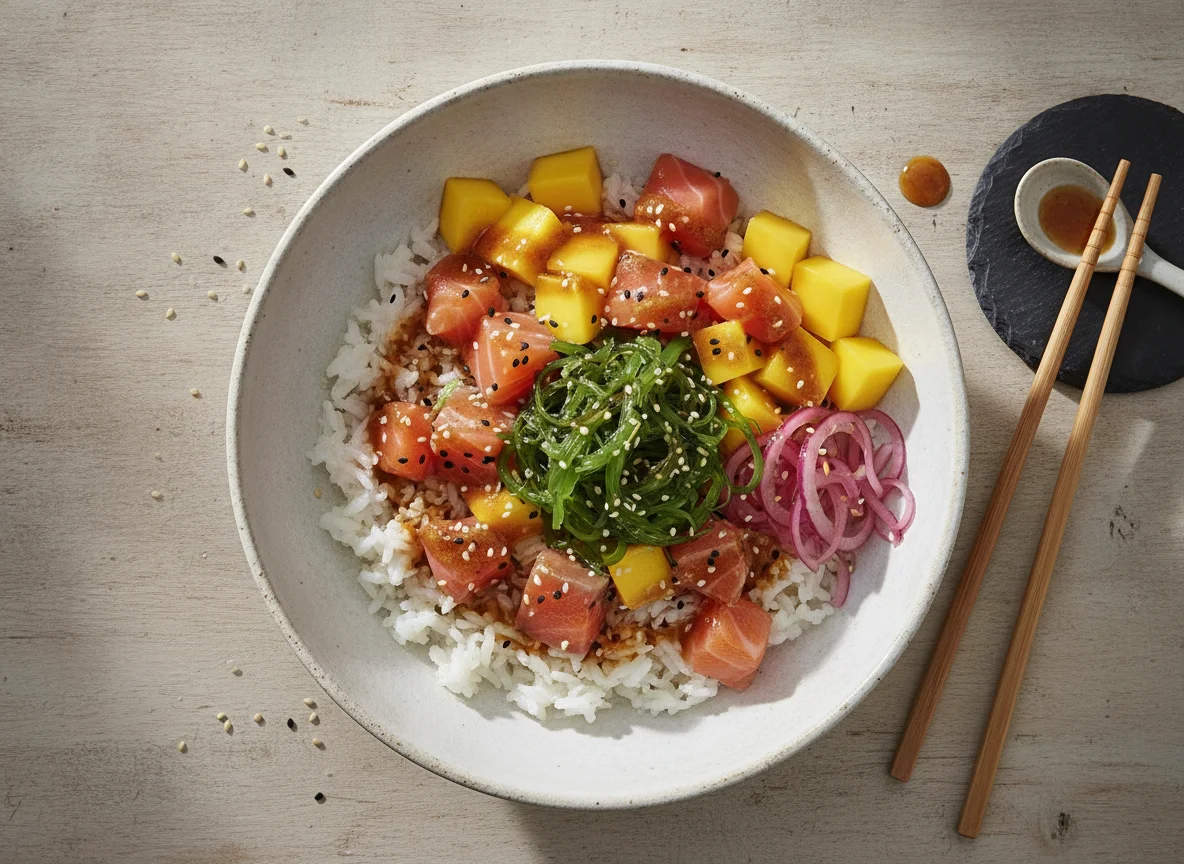 Poke bowl de salmón y mango con arroz photo