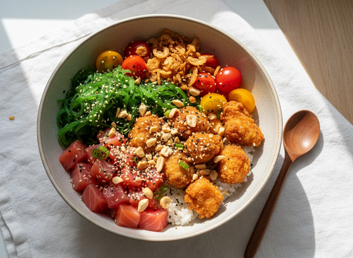 Poke Bowl de Salmón y Pollo Crujiente photo