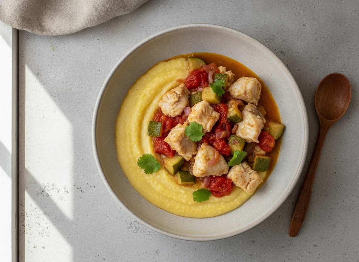 Polenta con guiso de vegetales y pescado photo