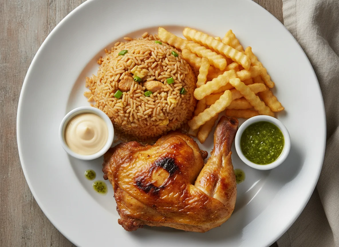 Pollo a la brasa con arroz chaufa y papas fritas photo