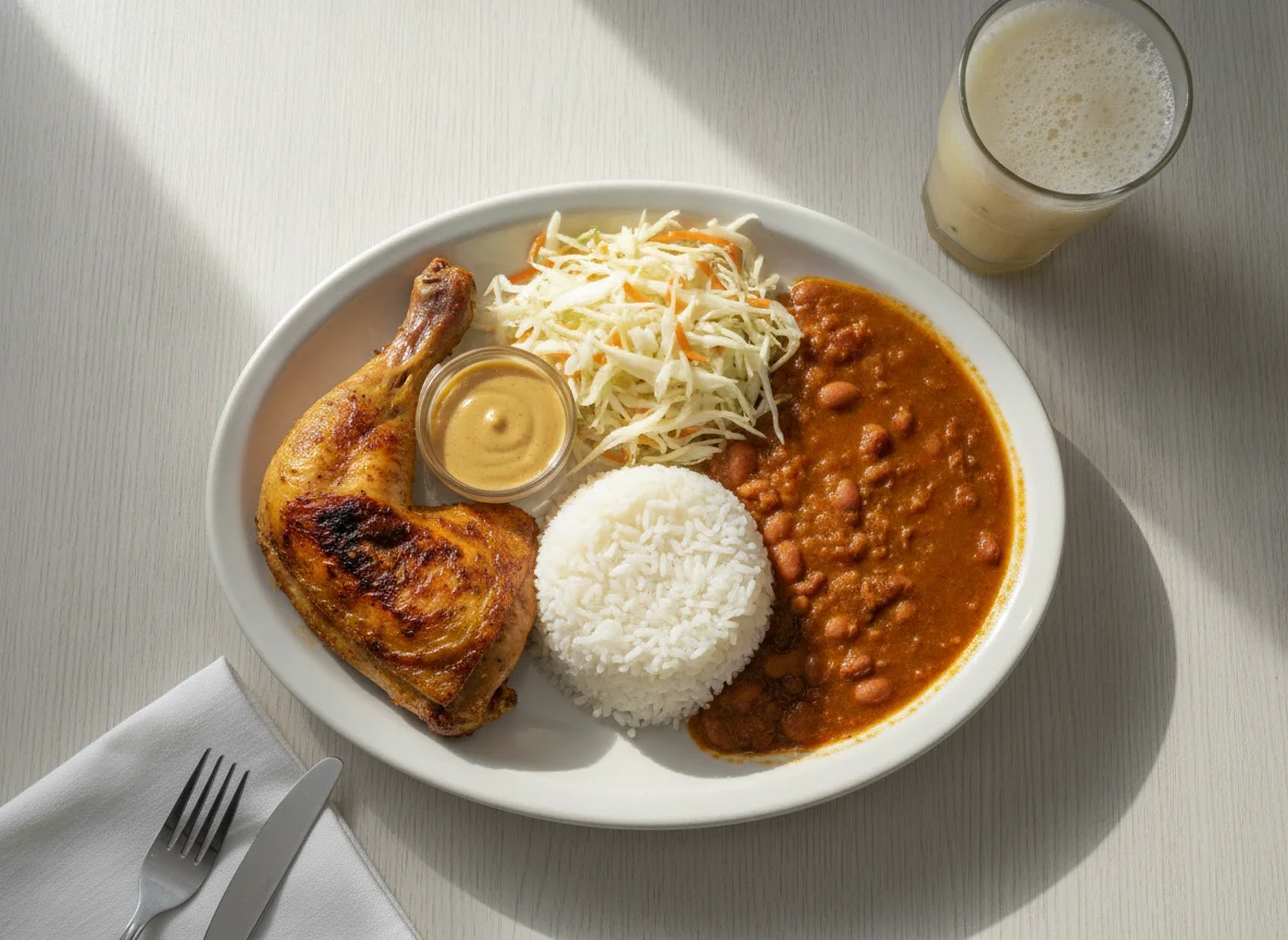 Pollo a la brasa con arroz, menestra y ensalada photo