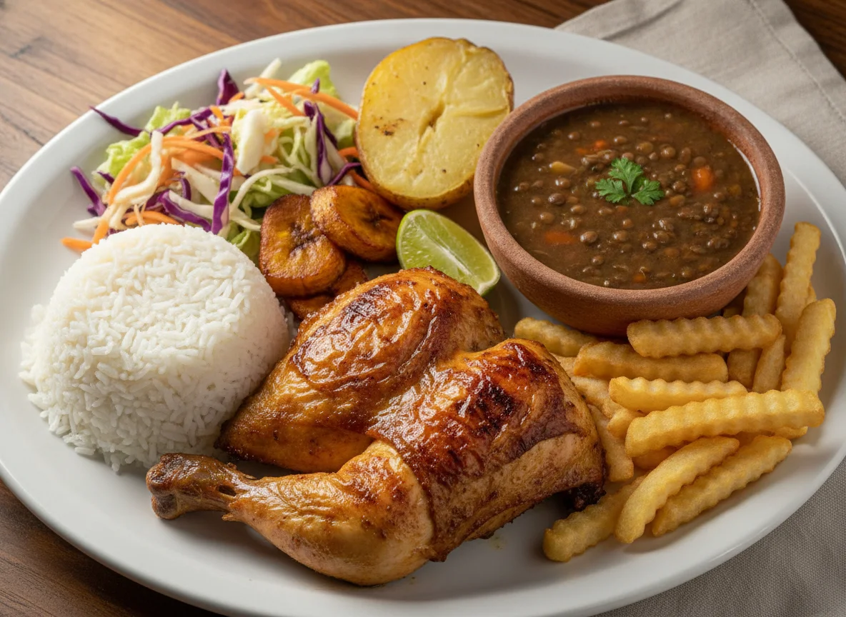 Pollo a la brasa con arroz, menestra y papas fritas photo