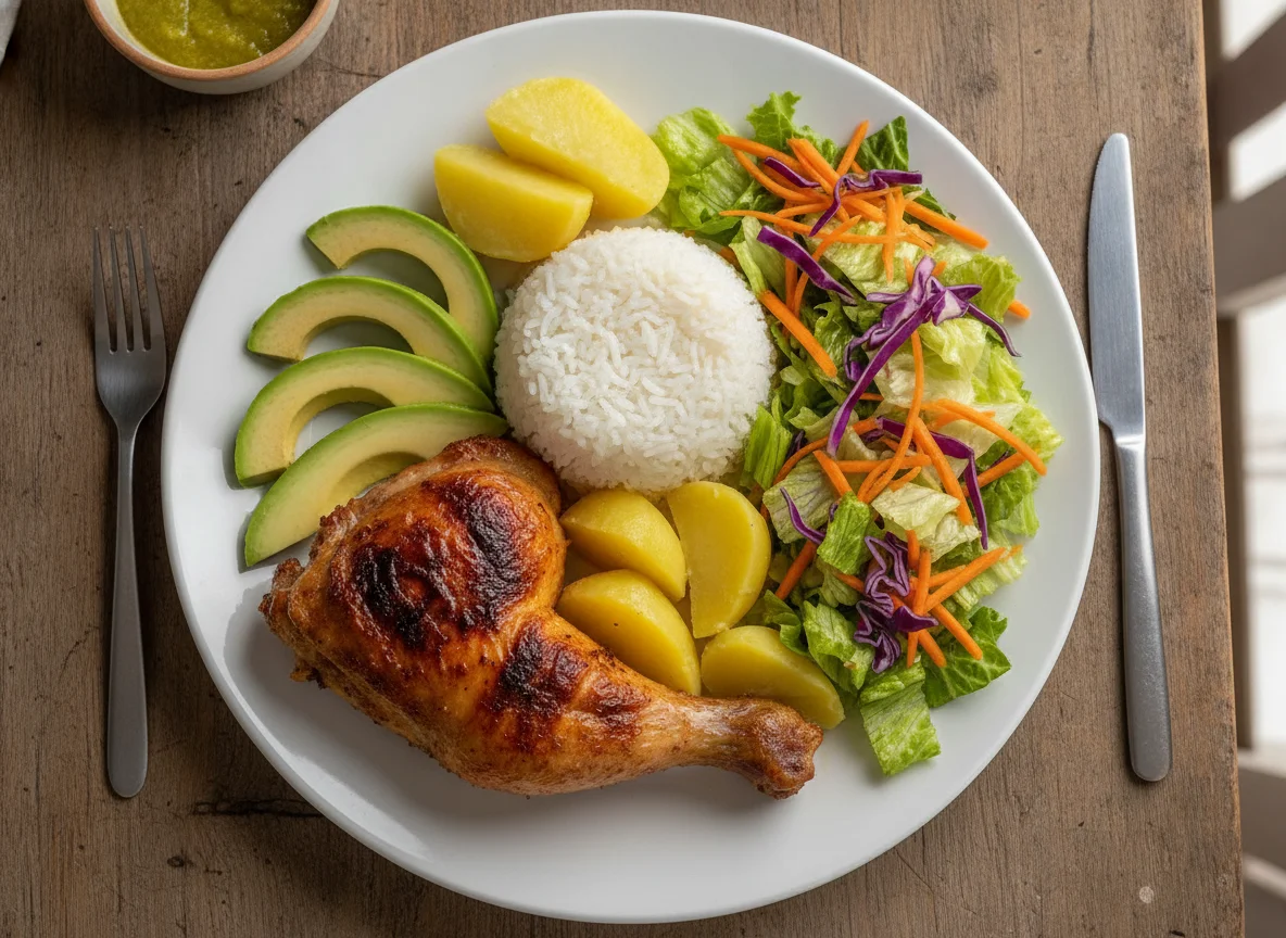 Pollo a la brasa con arroz, palta y ensalada photo