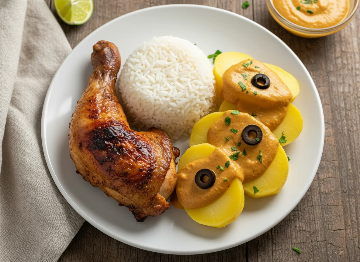 Pollo a la brasa con arroz y papas a la huancaína photo