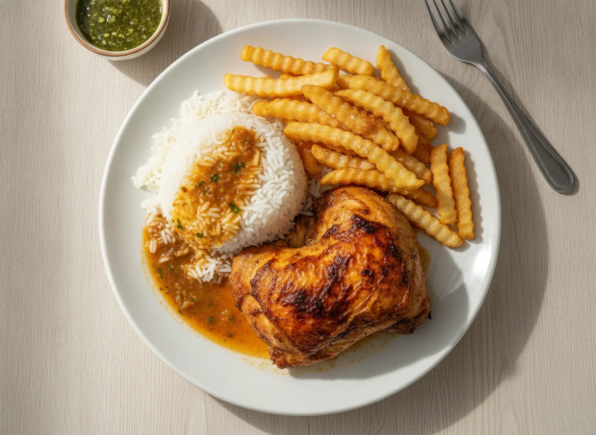 Pollo a la brasa con arroz y papas fritas photo