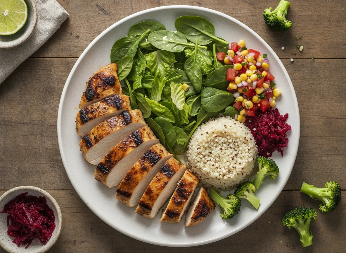 Pollo a la brasa con ensalada mixta y guarnición de quinoa photo