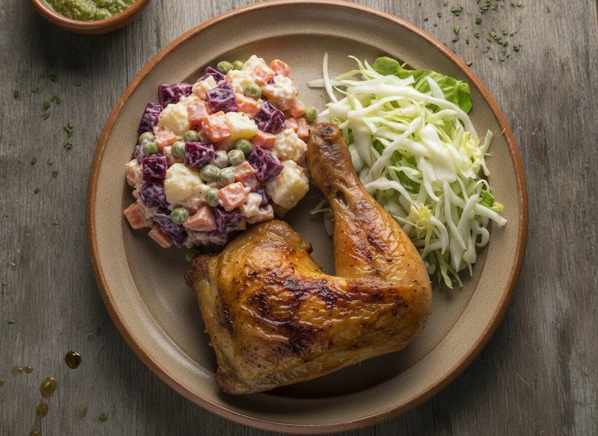 Pollo a la brasa con ensalada rusa y fresca photo