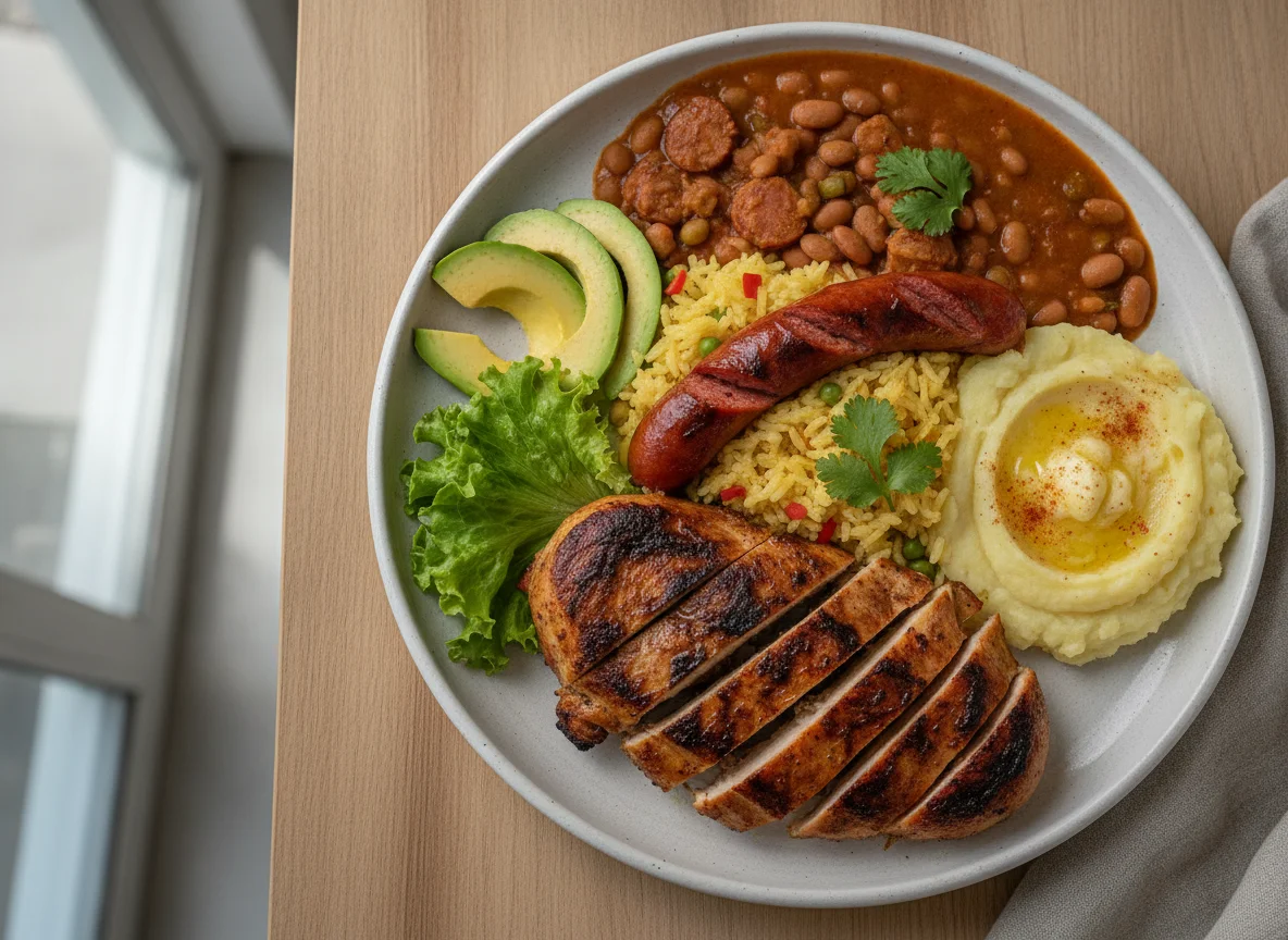 Pollo a la brasa con menestra, arroz y puré photo