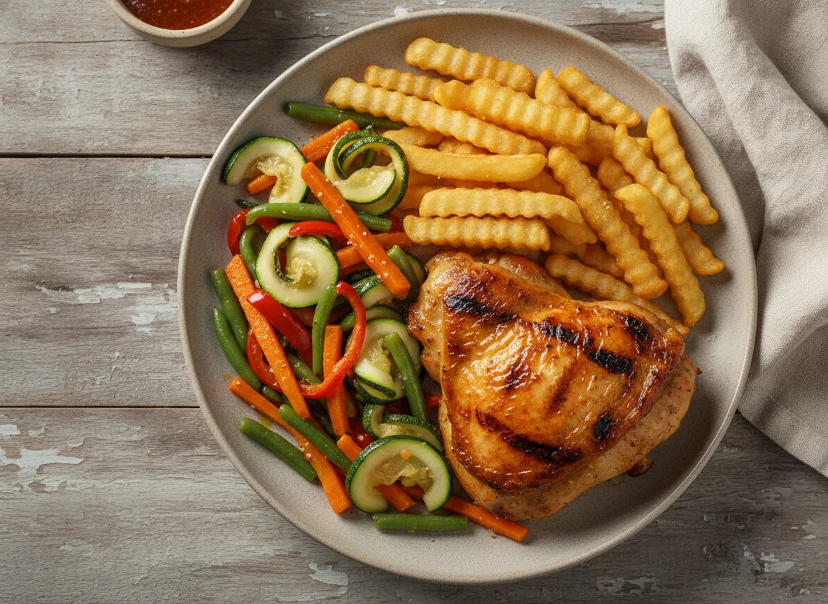 Pollo a la brasa con patatas fritas y verduras salteadas photo