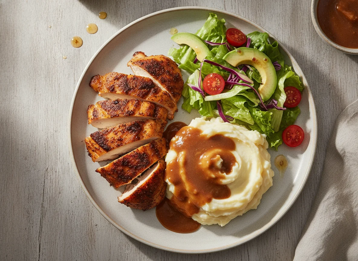 Pollo a la brasa con puré de papa y ensalada photo