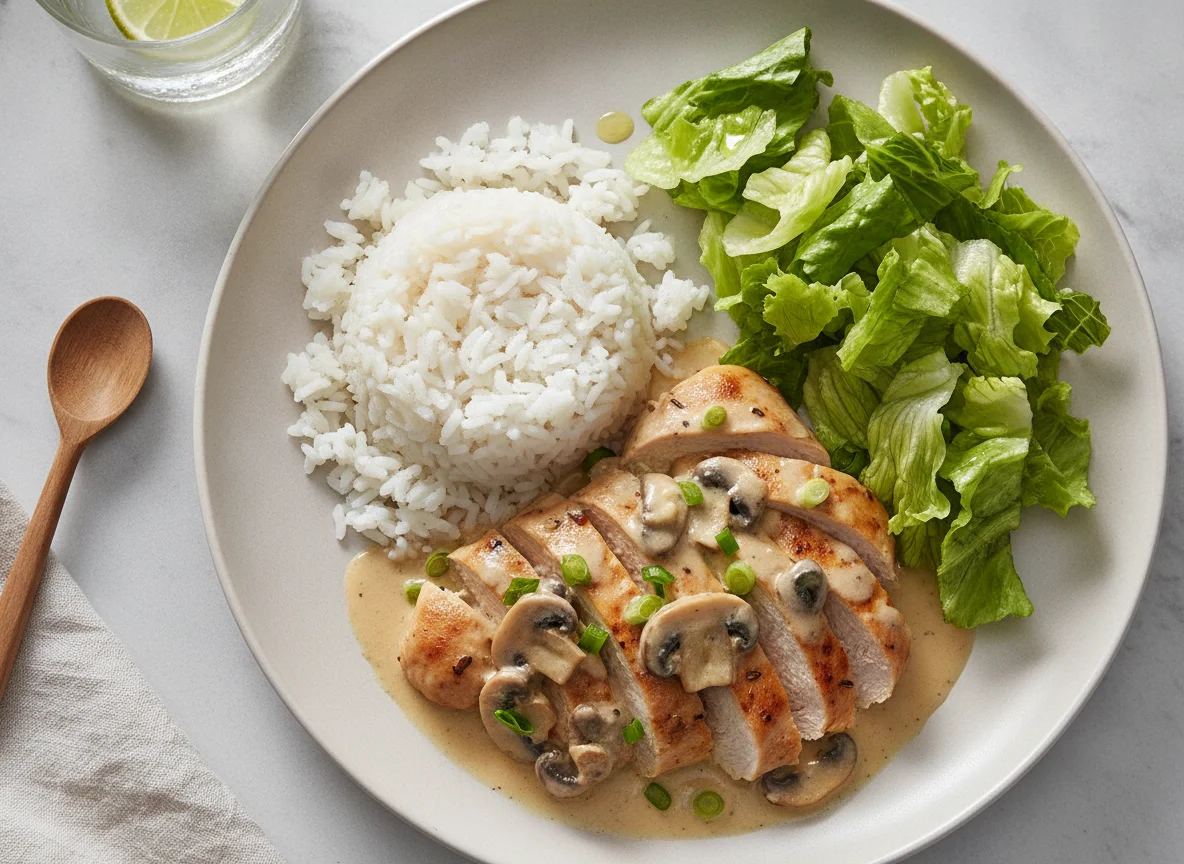 Pollo a la crema con champiñones, arroz blanco y ensalada de lechuga photo
