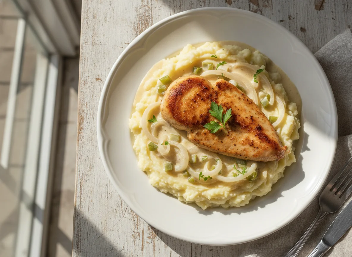 Pollo a la crema con puré de papas photo