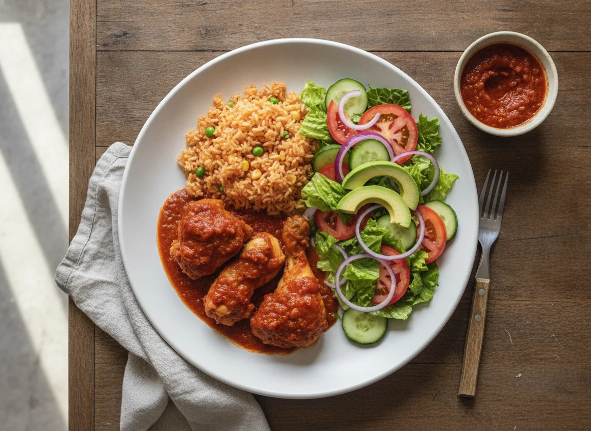 Pollo a la diabla con arroz y ensalada photo