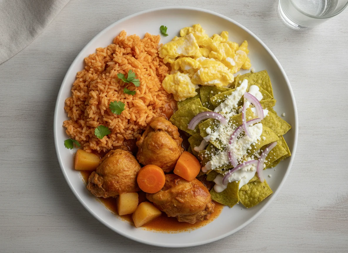 Pollo a la jardinera con arroz rojo y chilaquiles photo
