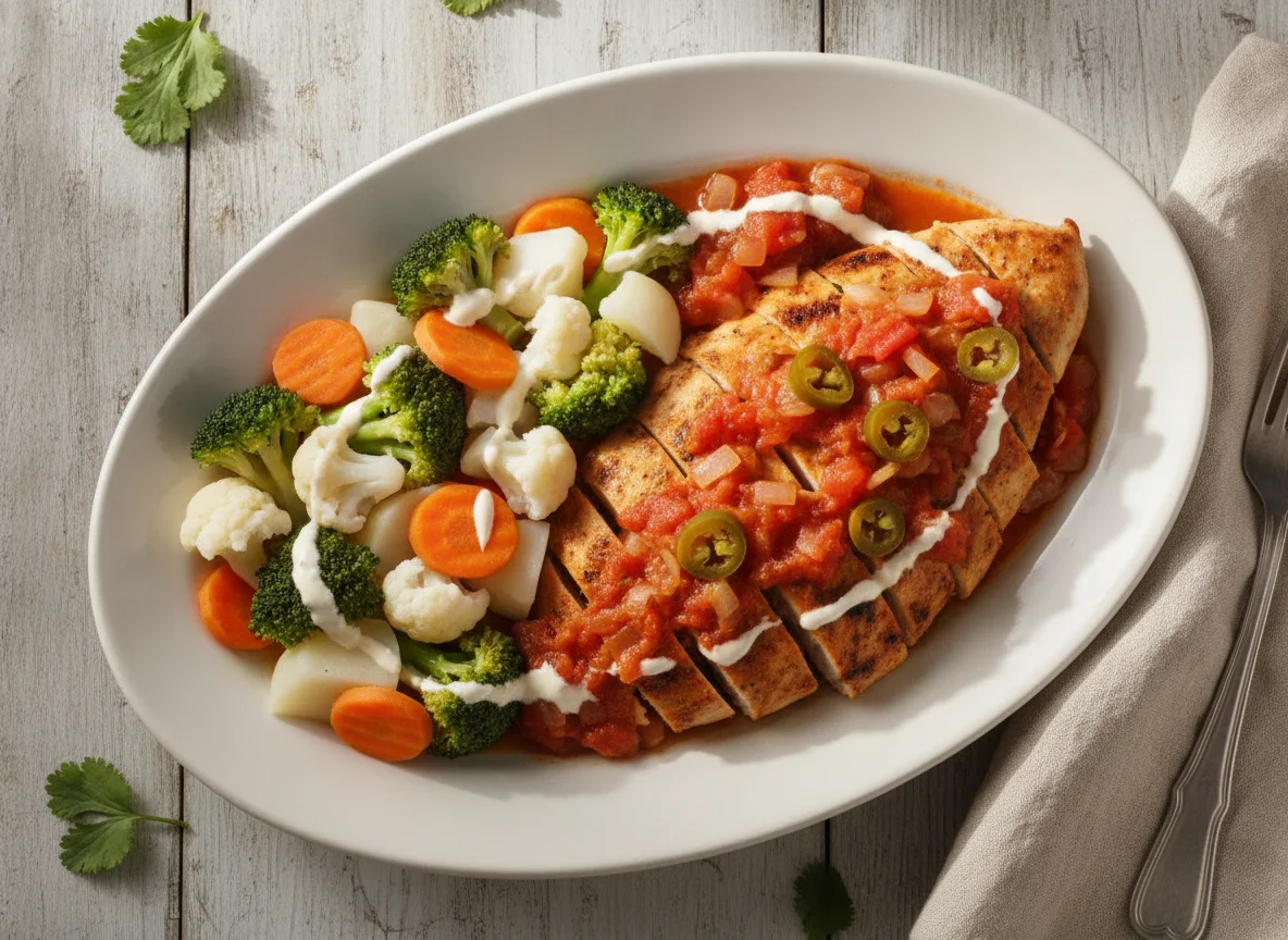 Pollo a la mexicana con verduras al vapor photo