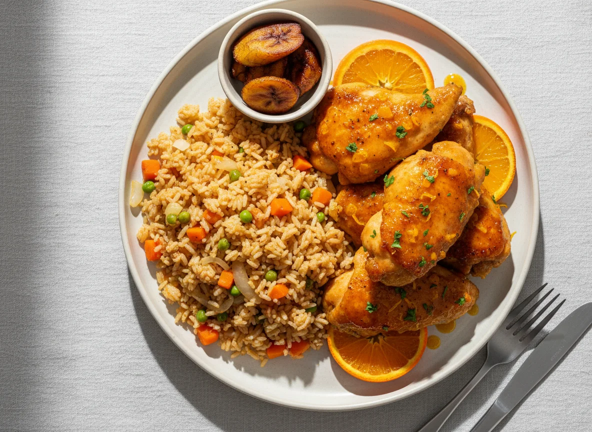 Pollo a la naranja con arroz frito photo