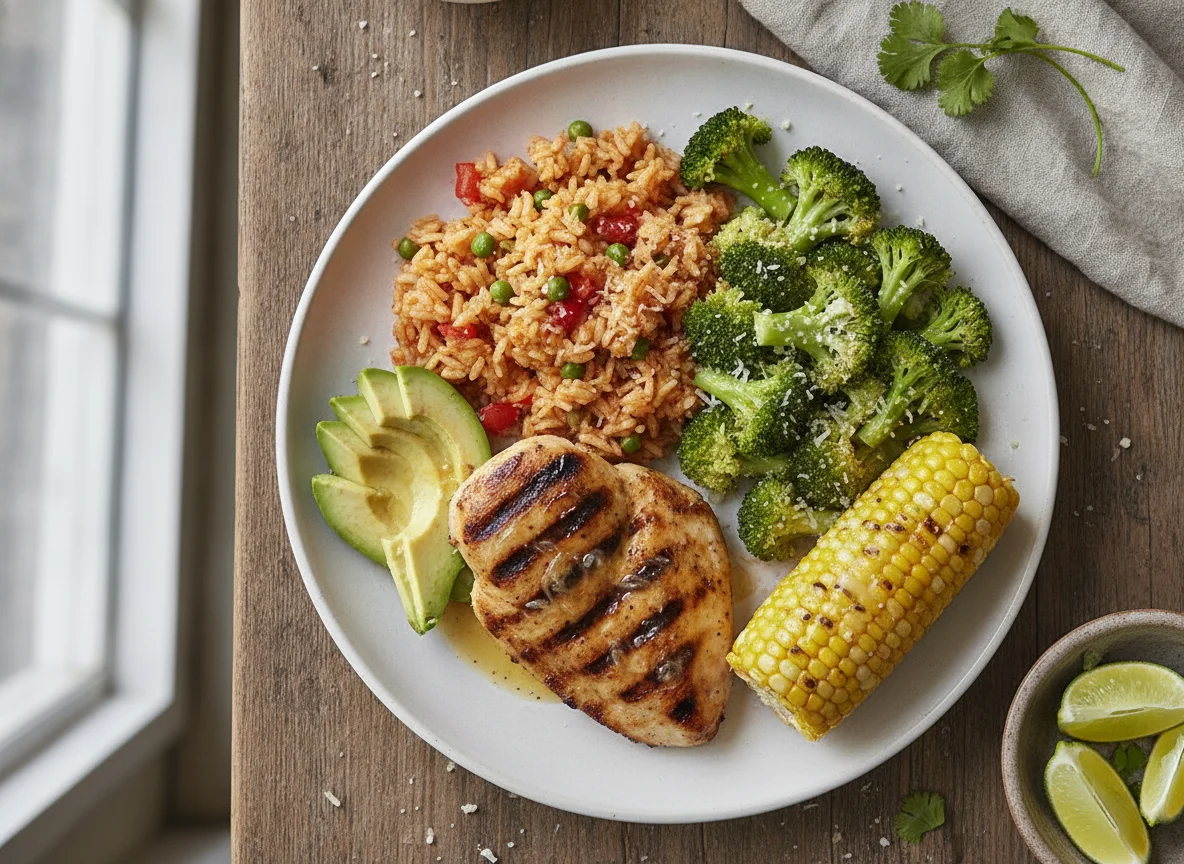 Pollo a la parrilla con arroz, brócoli y elote photo