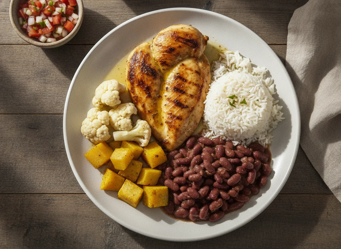 Pollo a la parrilla con arroz, frijoles, coliflor y calabaza photo