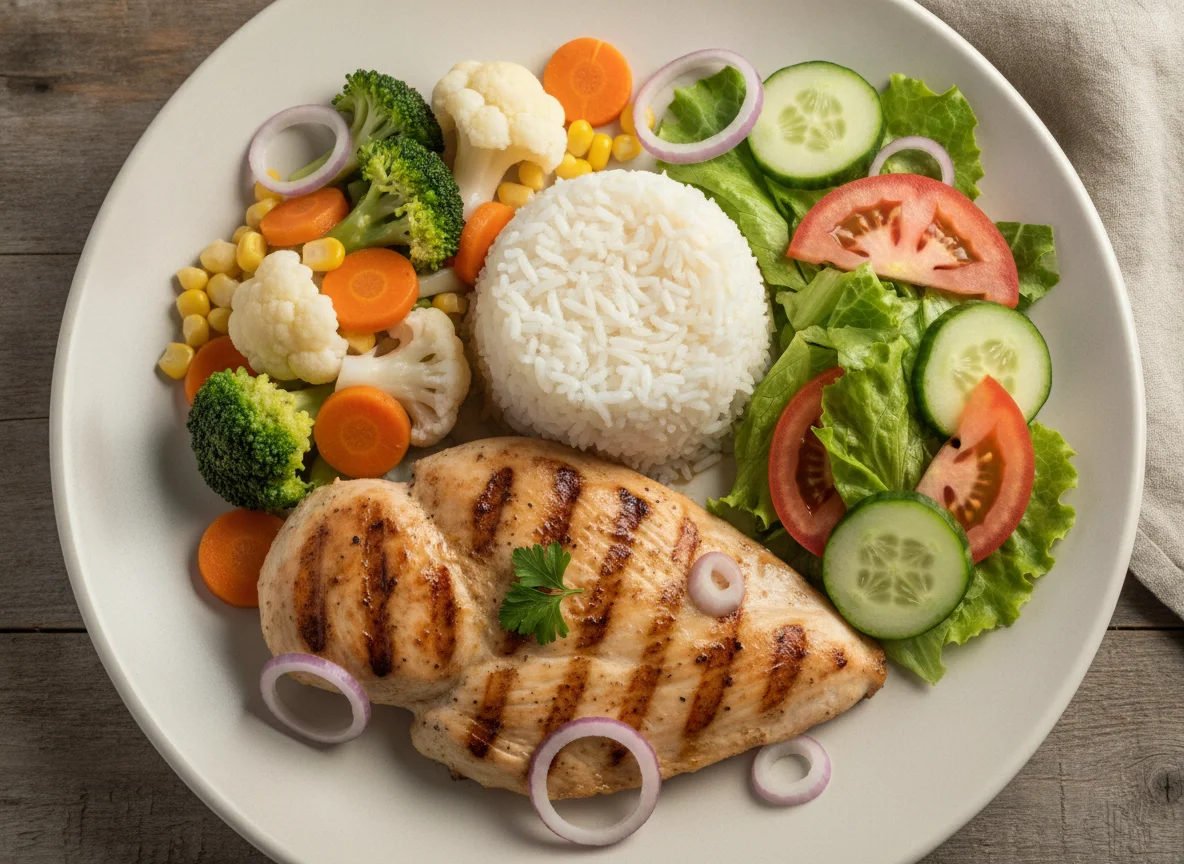 Pollo a la parrilla con arroz y vegetales photo