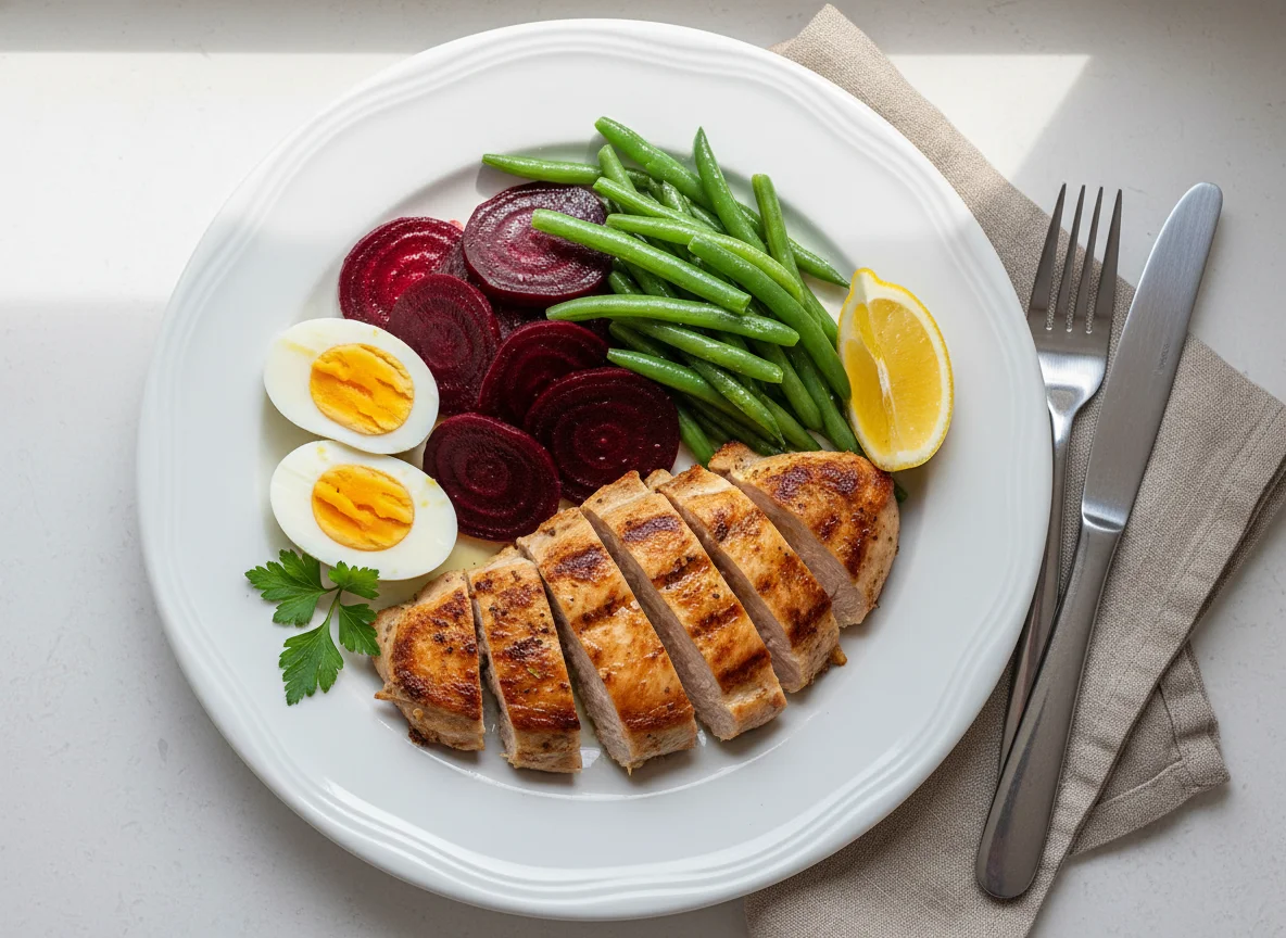 Pollo a la parrilla con ensalada de remolacha, vainitas y huevo photo
