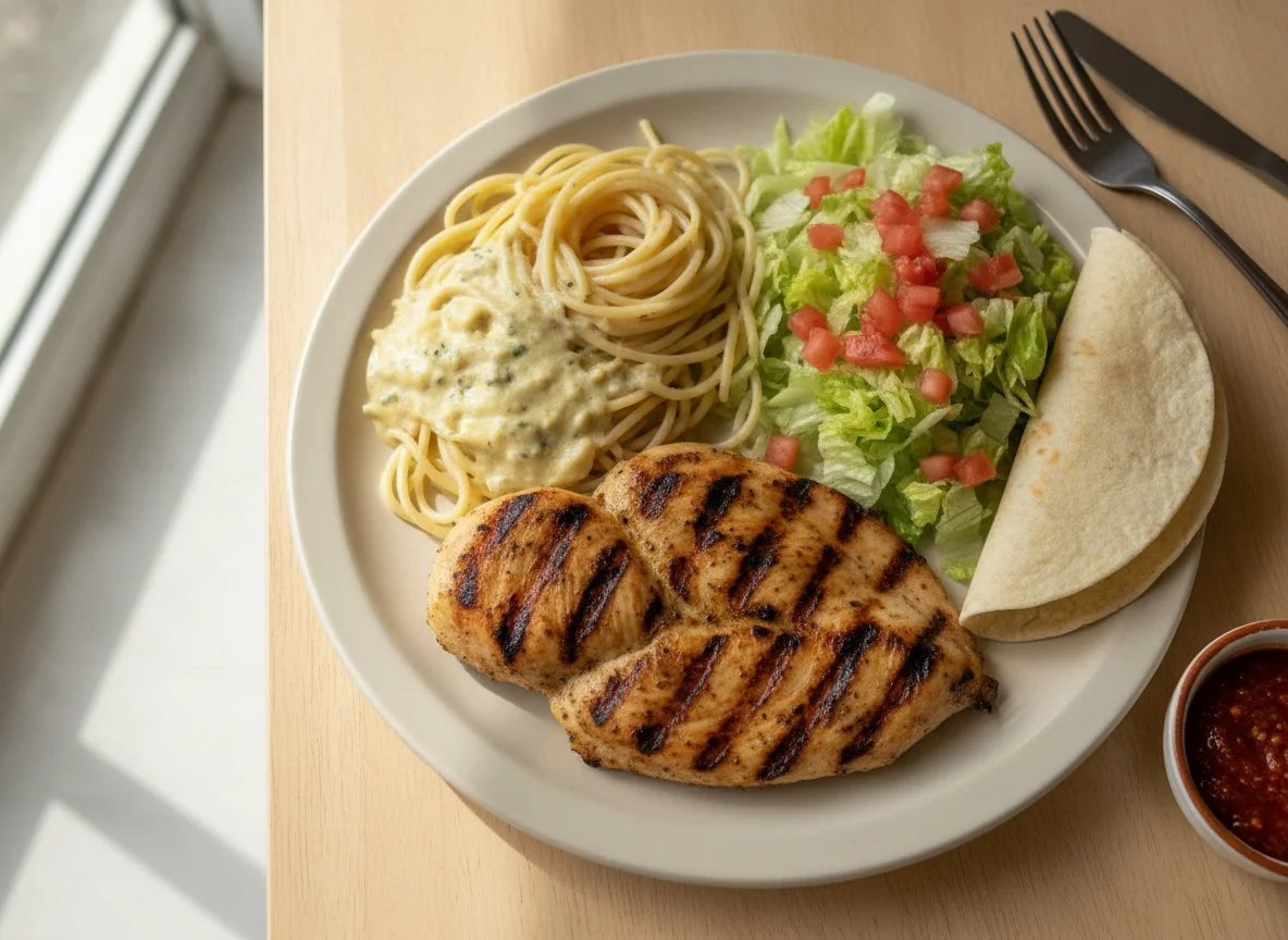 Pollo a la parrilla con espaguetis y ensalada photo