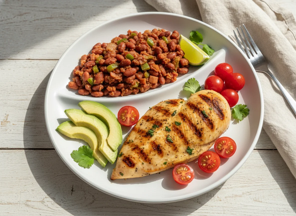 Pollo a la parrilla con frijoles, aguacate y tomates cherry photo