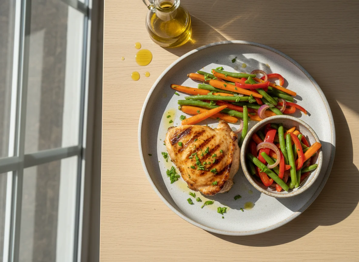 Pollo a la parrilla con salteado de verduras photo