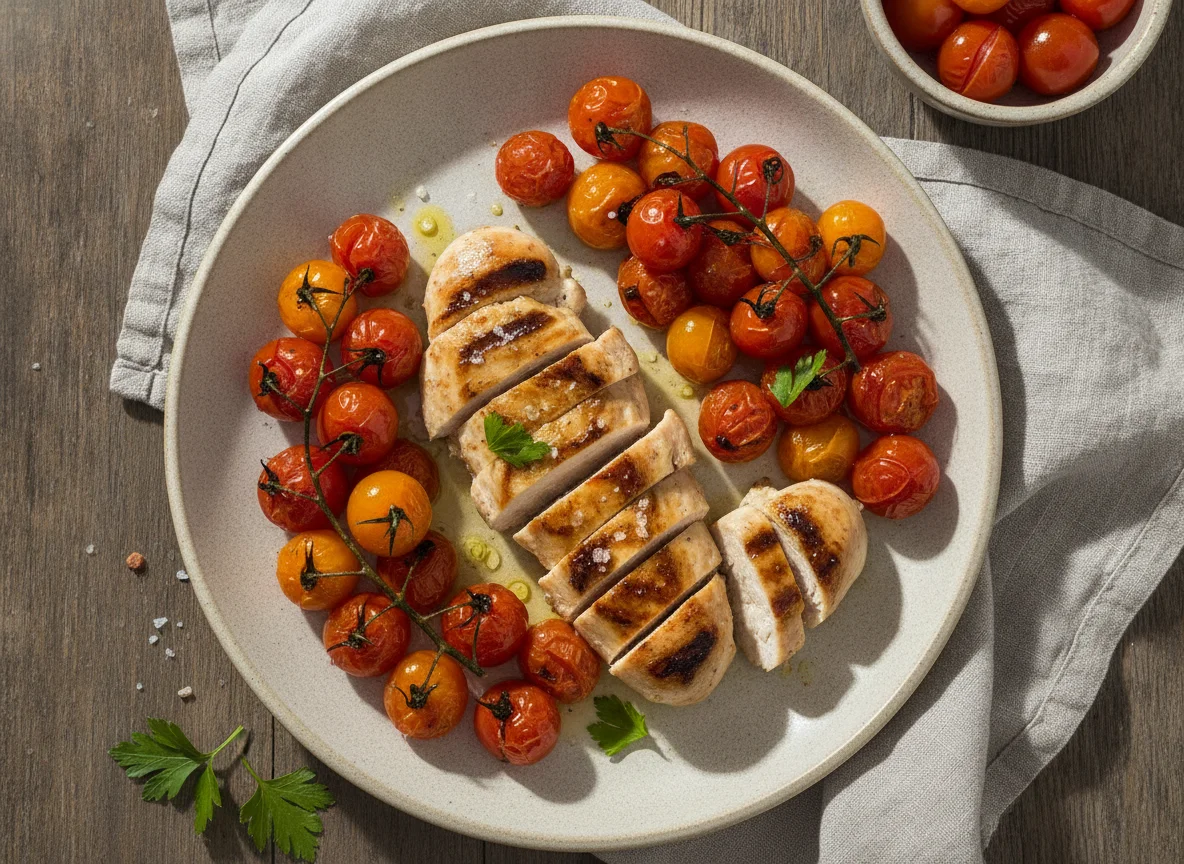 Pollo a la parrilla con tomates cherry photo