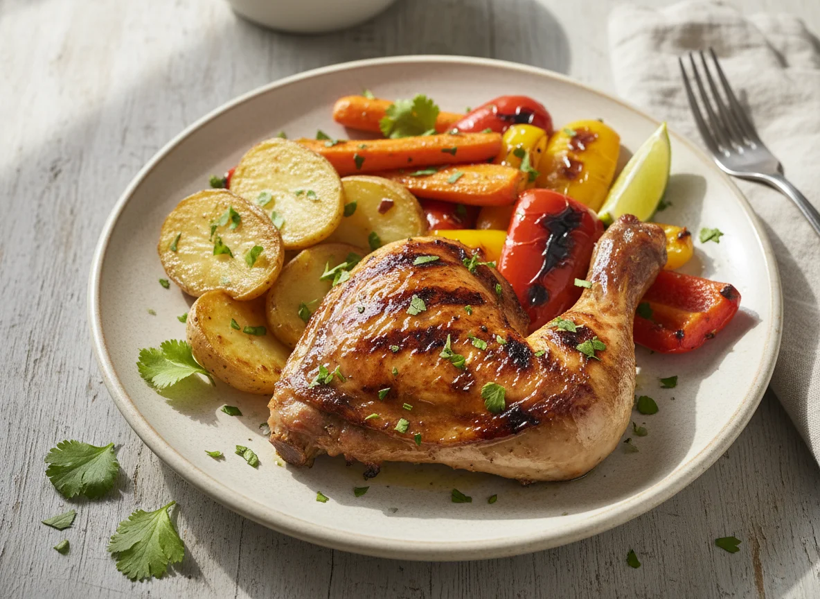 Pollo a la parrilla con vegetales asados photo