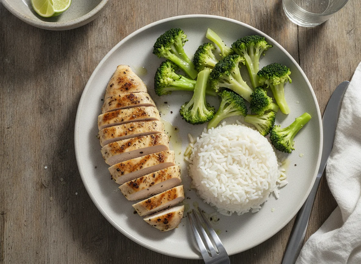 Pollo a la plancha con arroz blanco y brócoli photo