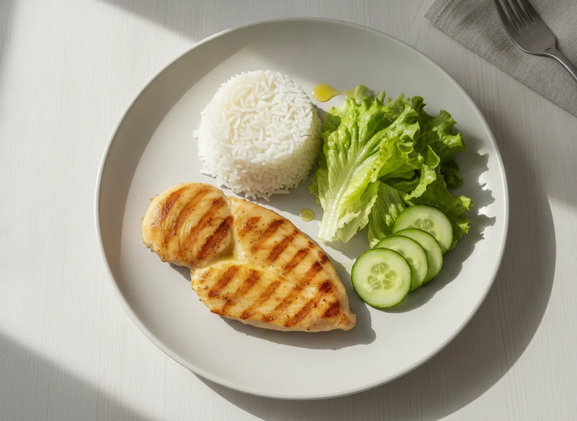 Pollo a la plancha con arroz blanco y ensalada photo